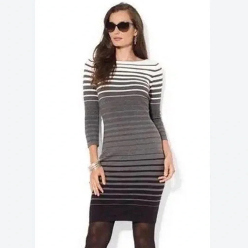 Lauren Ralph Lauren Ombre Grey White Black Striped Sweater Midi Dress Size Med M